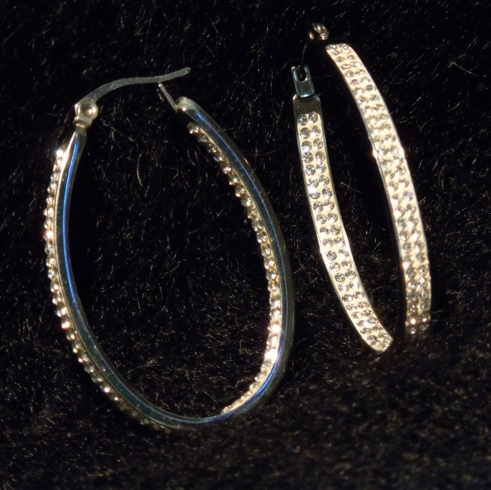 Stainless Steel silvertone inside/outside Pave Hoop earrings